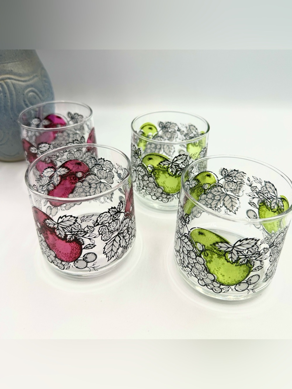 4 Purple & Green Pears on Glass Tumblers. Vintage MCM
